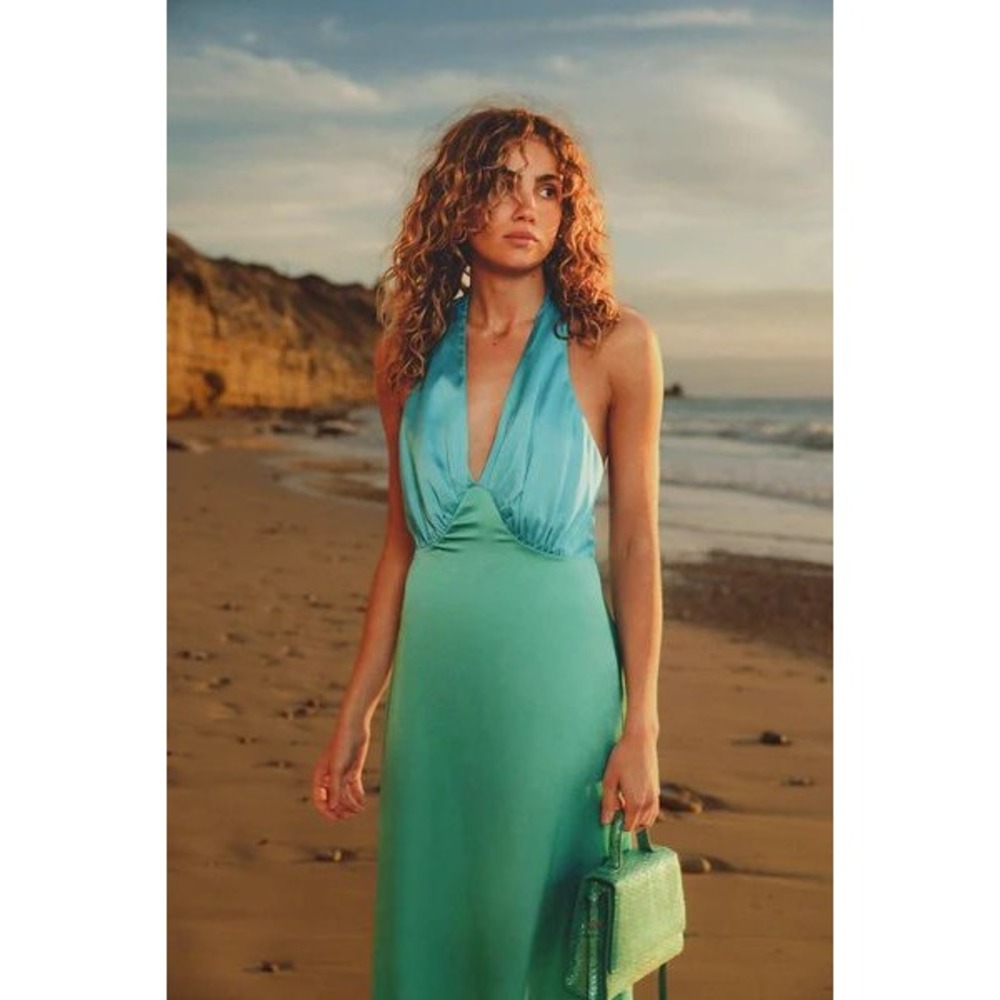The Wolf Gang Oahu Satin Slip Dress Size Medium Halter Plunge Blue Green Maxi